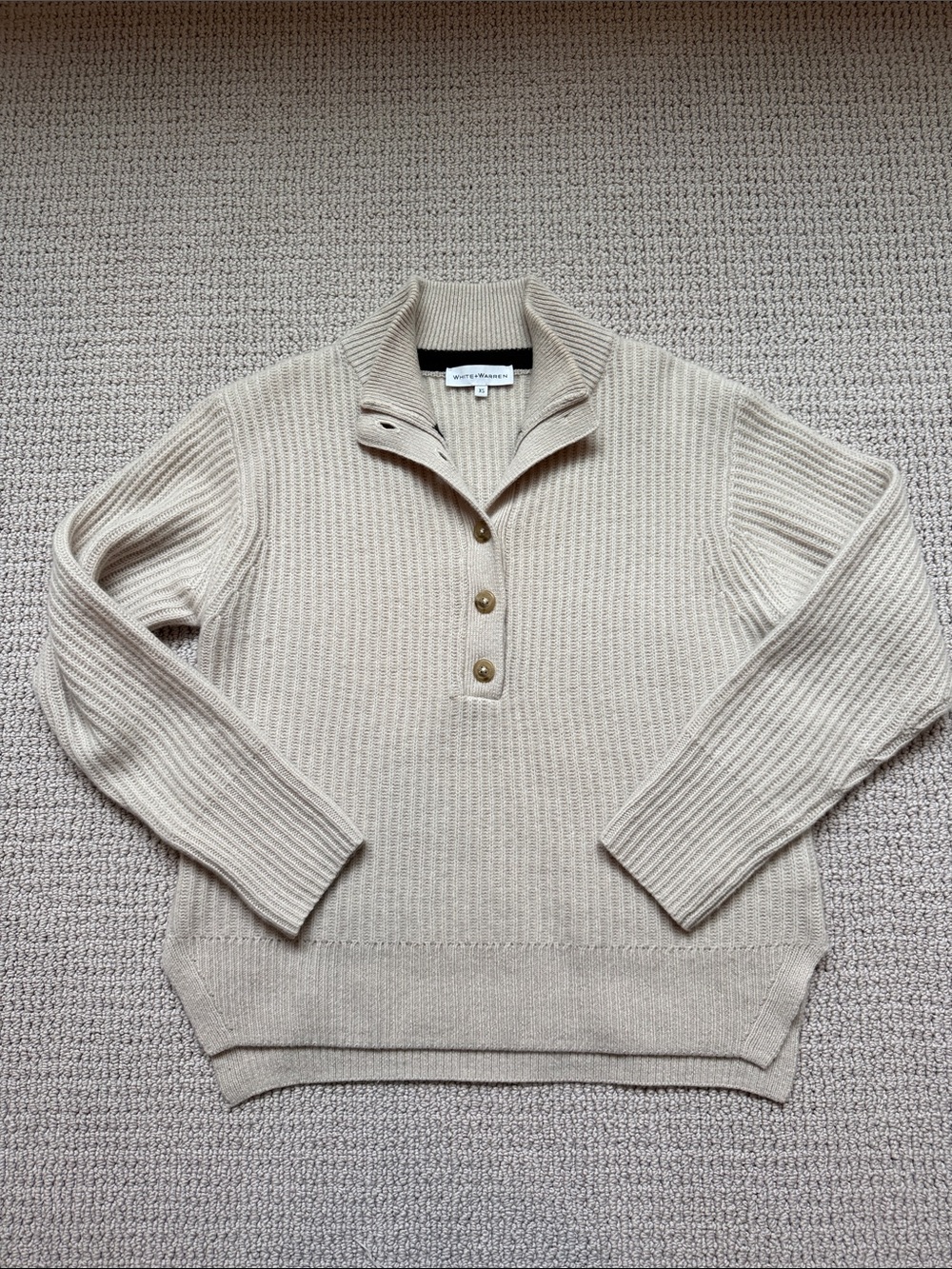 White + Warren Beige Ribbed Cowl-Neck Button Pullover